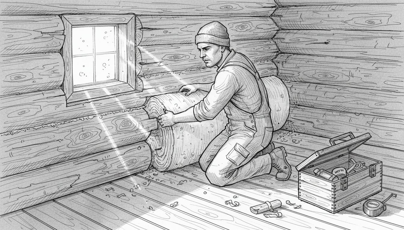 Rakentaja asentaa eristeitä hirsisaunan seiniin.