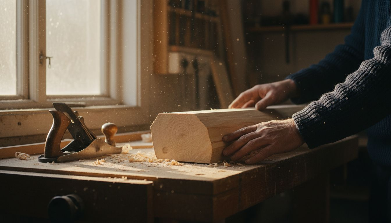 Ein Schreiner begutachtet einen Stamm aus finnischer Fichte.