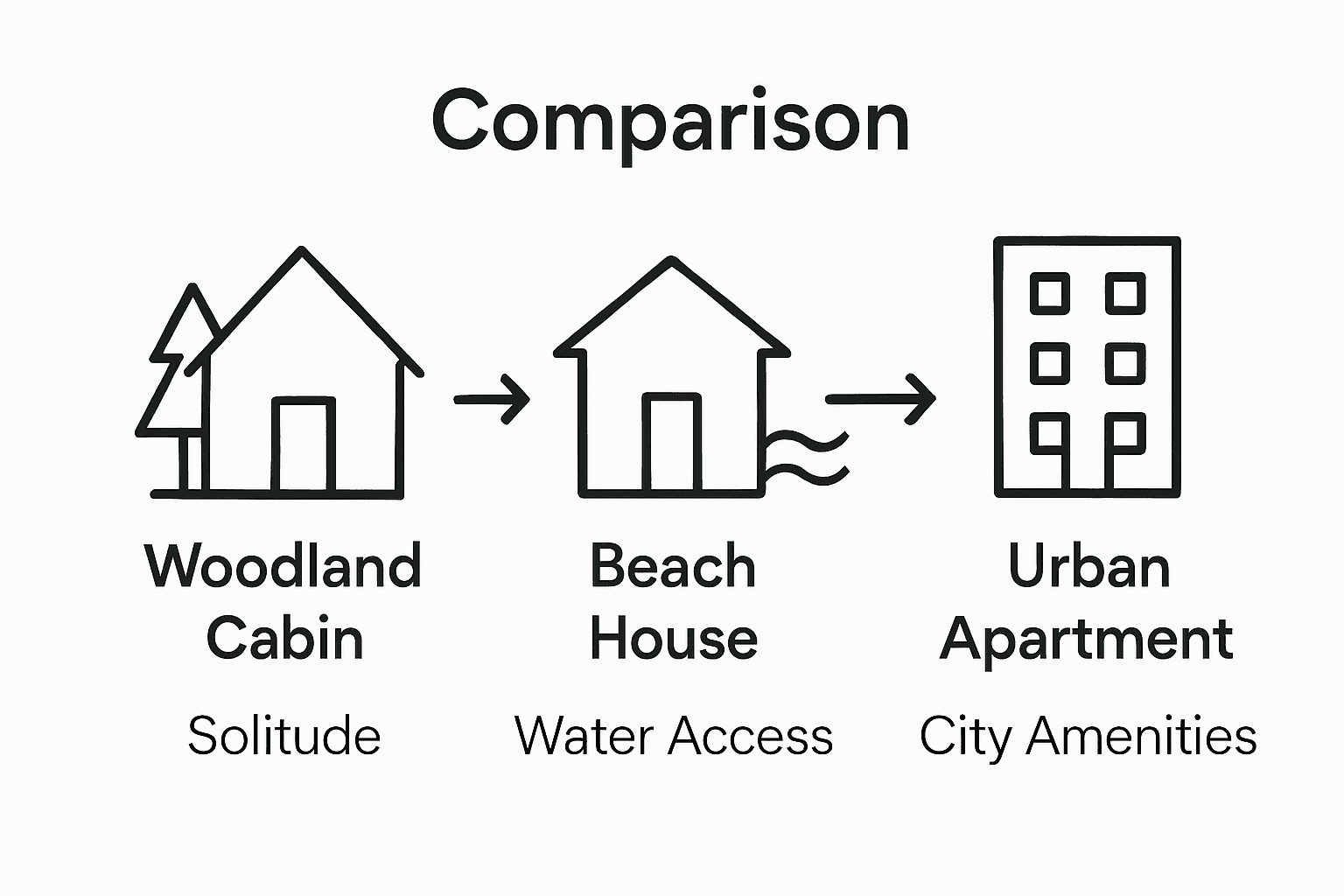 Comparison of vacation home types: cabin, beach, urban