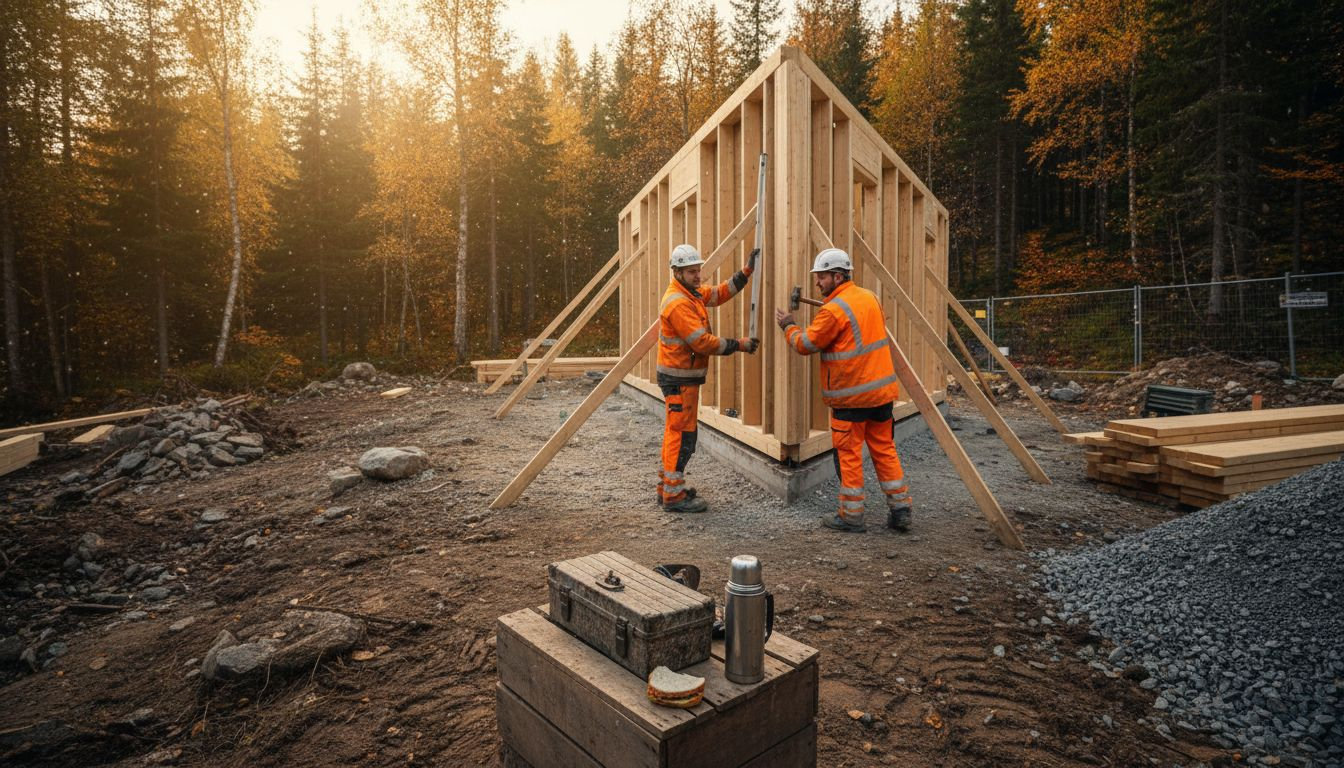 Bygningsarbeidere setter sammen en modulhytte
