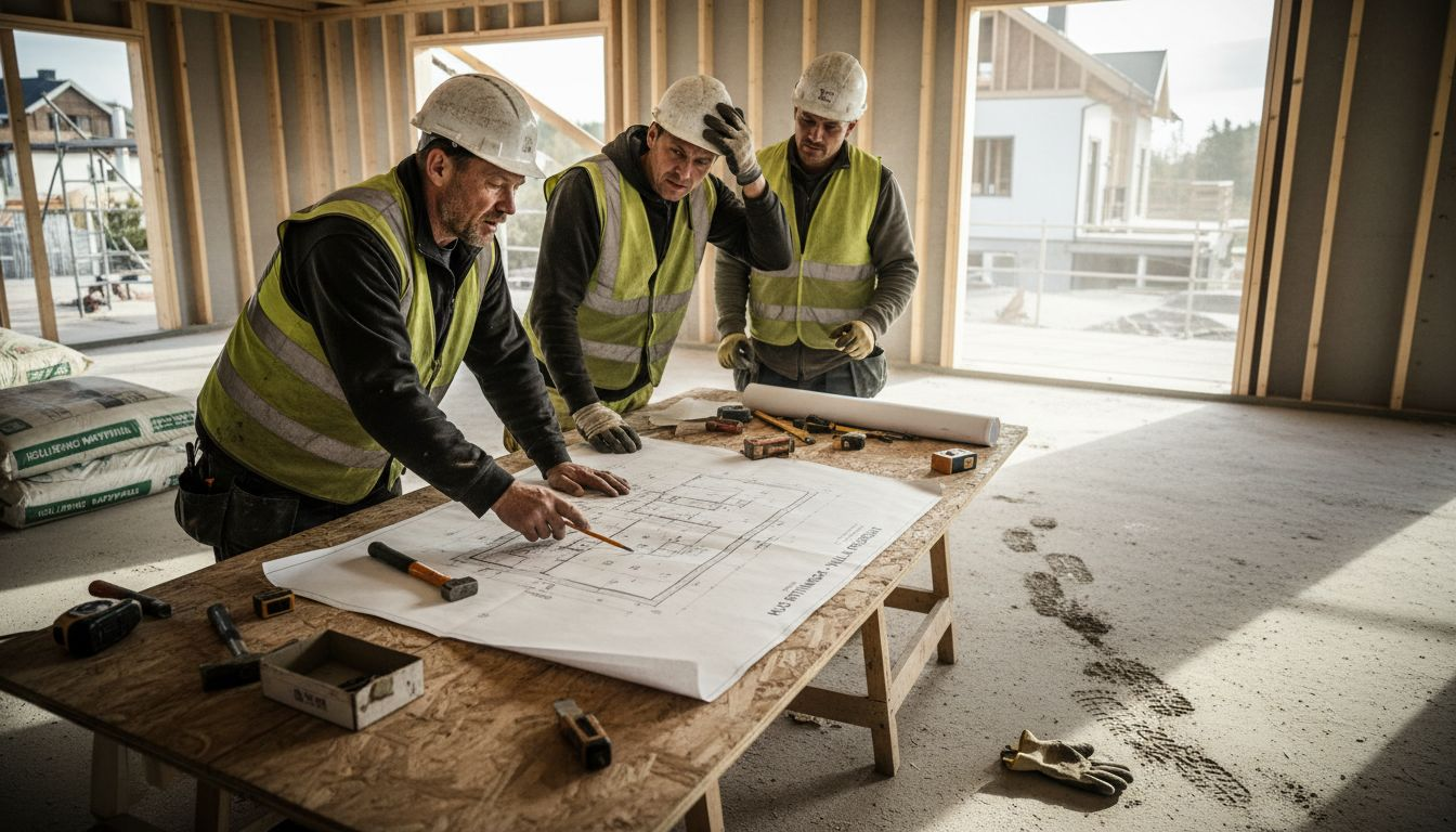 Byggarna går igenom ritningarna för villan ute på tomten.