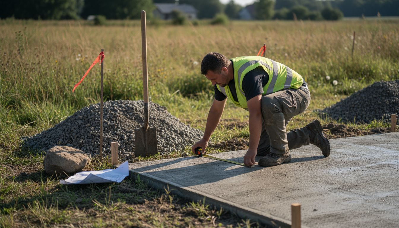 Worker checks log cabin foundation at rural site