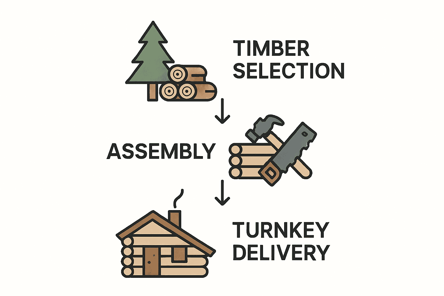 Three-step log cabin building process infographic