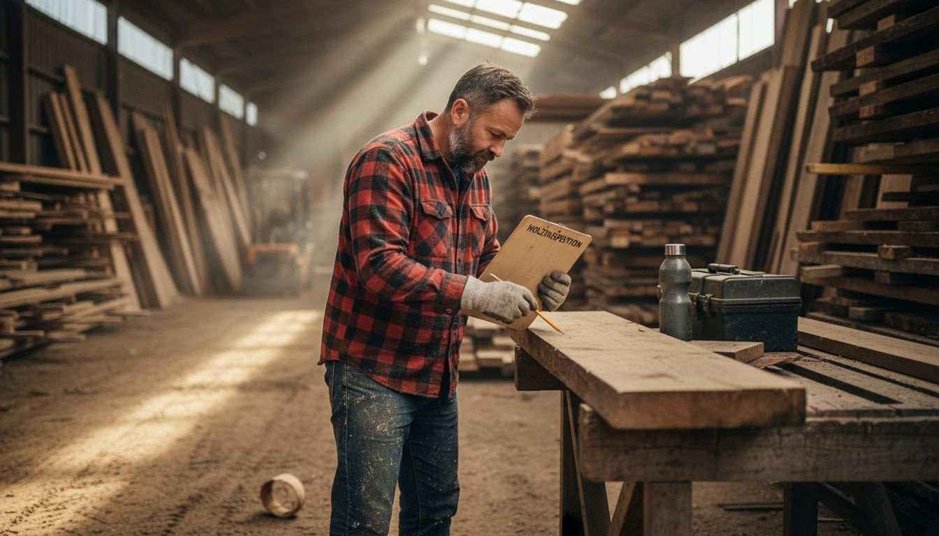 Ein Handwerker prüft sorgfältig das Holz, das beim Hausbau verwendet werden soll.