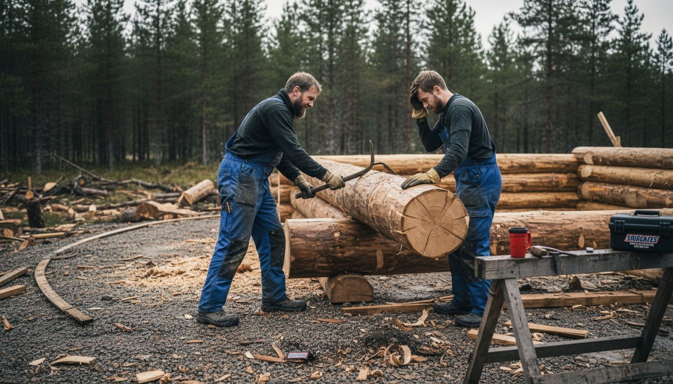 Tømrerne tilpasser og legger sammen stokkene under byggingen av laftehytta.