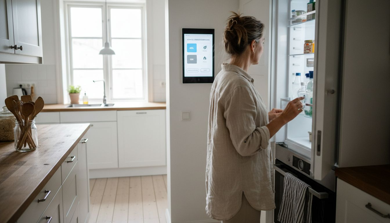 Kvinna styr kökets smarta system i ett energieffektivt hem
