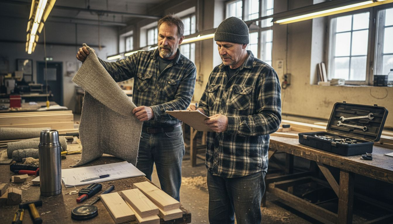 Työntekijät tarkastavat ekologisten aurinkosuojien materiaaleja