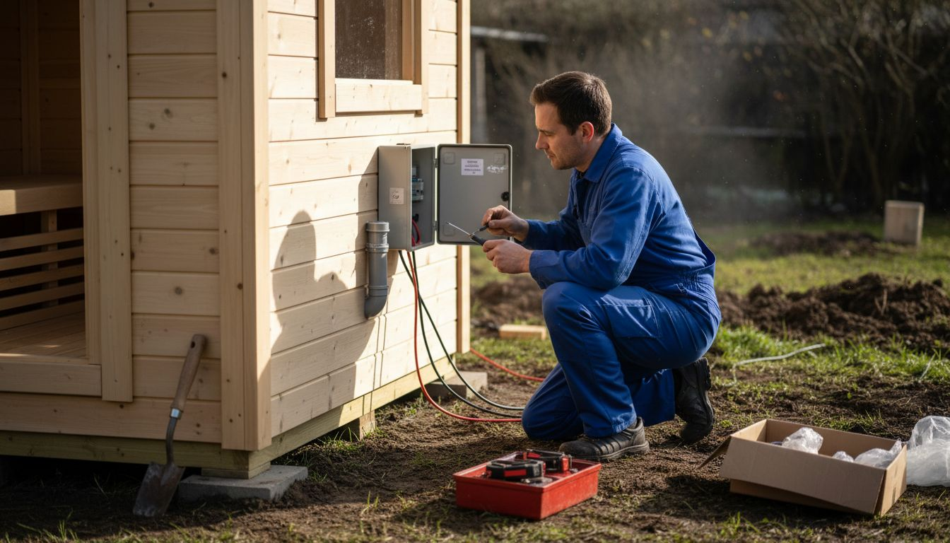 Ein Fachmann überprüft die Elektroinstallation im Fundament eines Saunahauses.