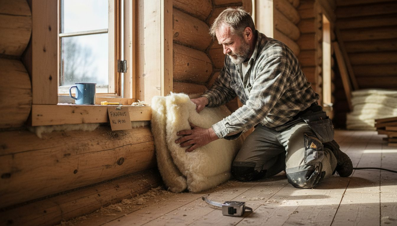 Snickare isolerar ytterväggen på ett trähus.