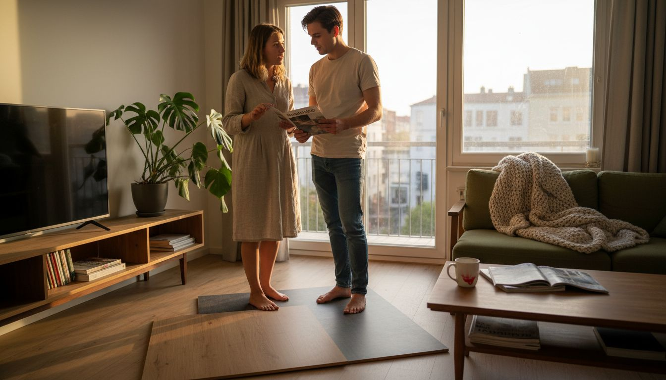Ein Paar begutachtet in seiner Wohnung verschiedene Muster von Laminat- und Vinylböden, um die passende Wahl für den neuen Bodenbelag zu treffen.