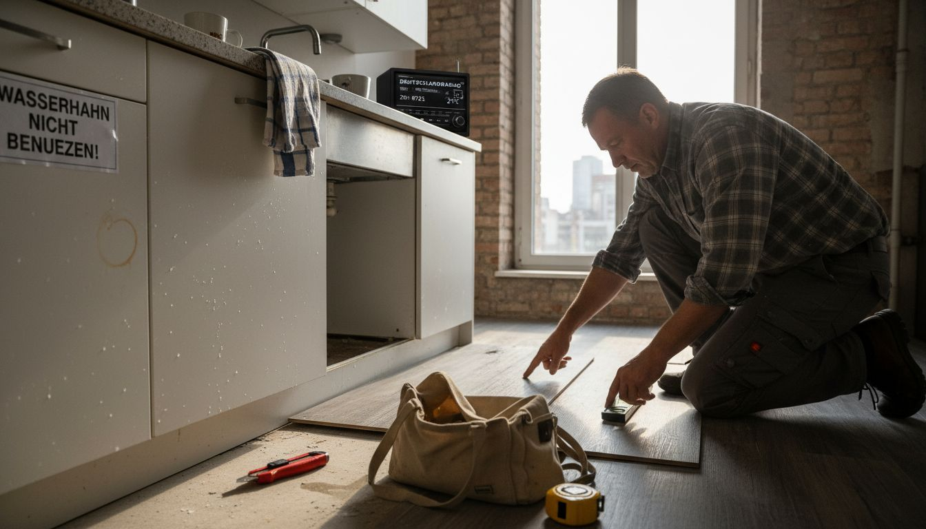Ein Handwerker verlegt einen neuen Vinylboden in einer hellen Küche.