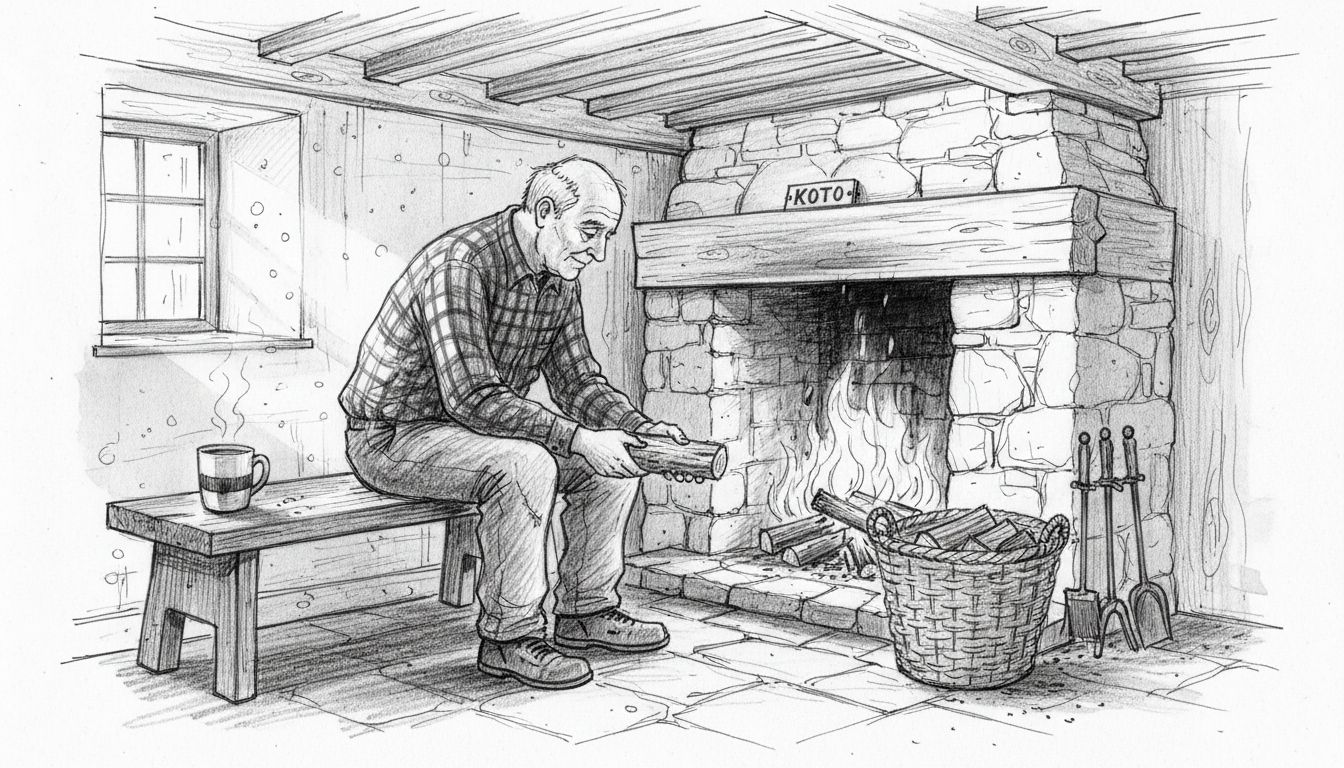 Mies lisää puita mökin takkaan.