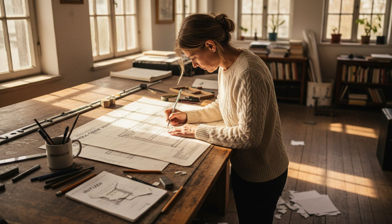 Ein Architekt entwirft Baupläne für eine Sauna aus Holz.