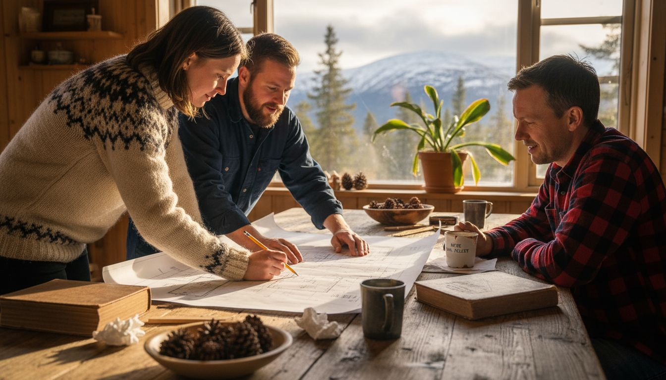 Arkitekten og kunden ser gjennom hyttetegningene sammen.