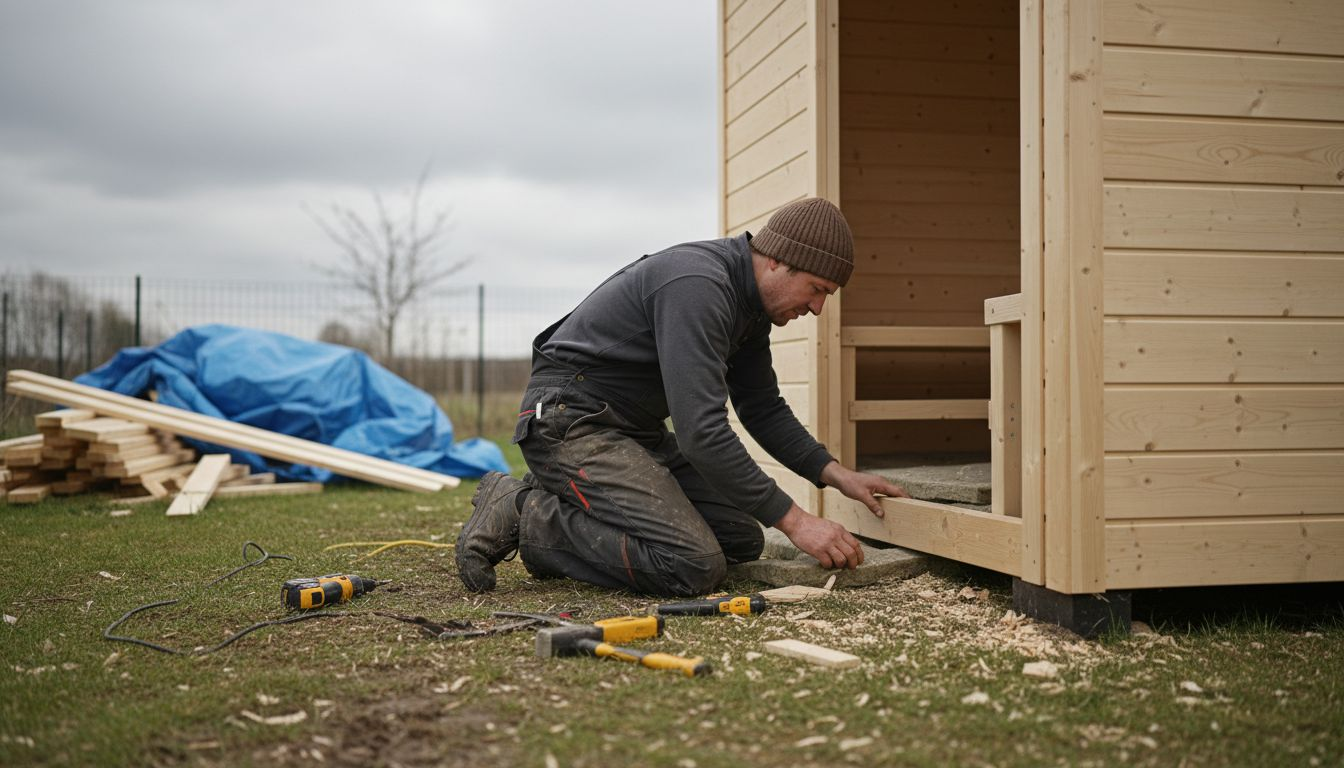 Ein Handwerker prüft den Saunabereich auf mögliche Gefahrenquellen.