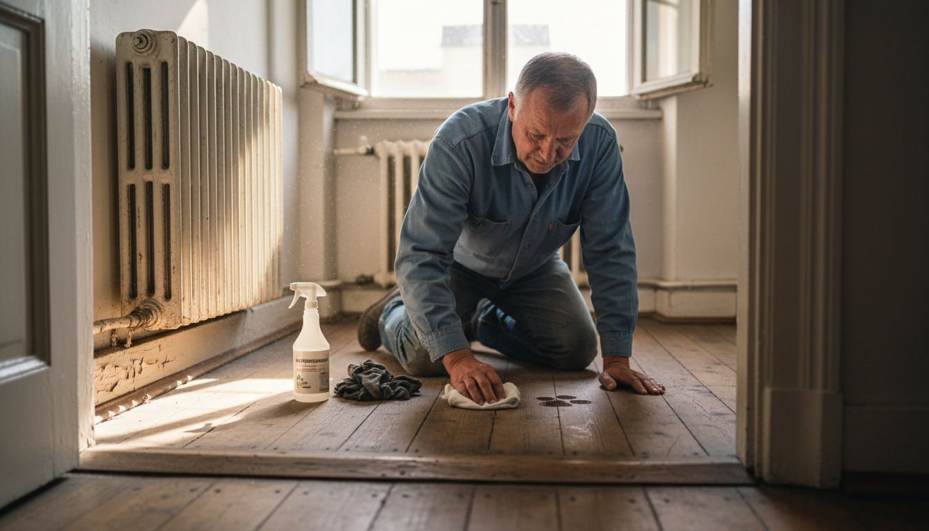Ein Mann bringt den alten Dielenboden seiner Wohnung wieder auf Vordermann.