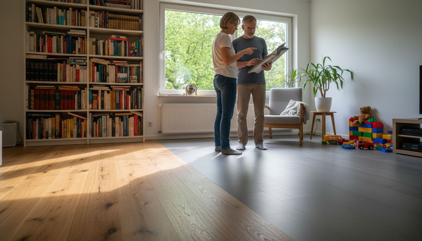 Ein Paar steht vor der Entscheidung: Soll es ein Boden aus Holz oder doch lieber aus Vinyl sein? Gemeinsam vergleichen sie die beiden Optionen und überlegen, welcher Bodenbelag am besten zu ihrem Zuhause passt.