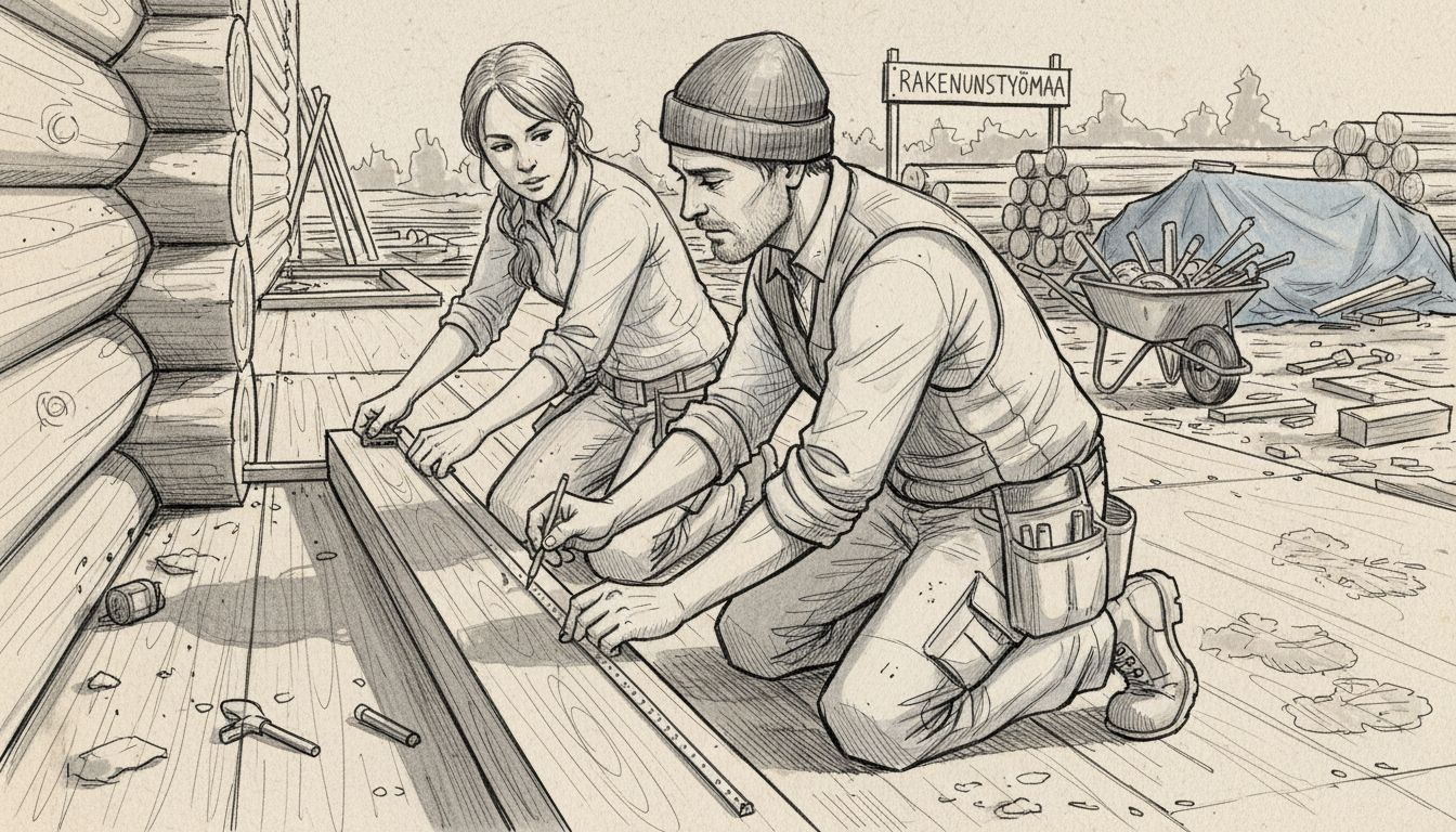 Työmaalla mittaillaan hirsirakennelman rakenteita.