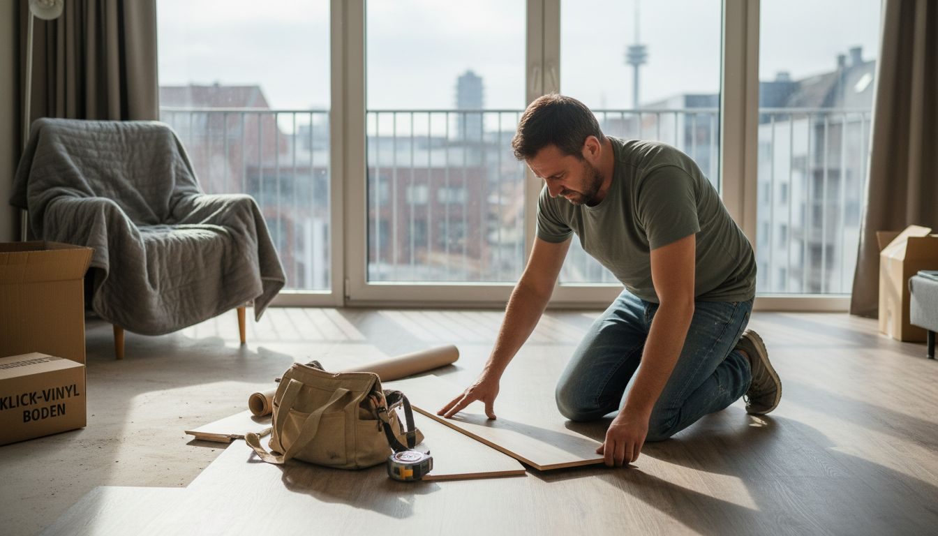 Im Wohnzimmer wird gerade Klick-Vinyl verlegt.