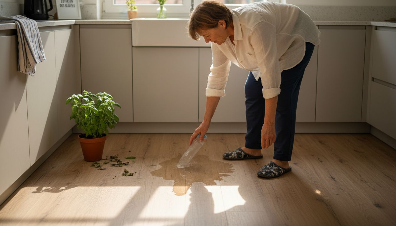 Eine Frau wischt den Klick-Vinylboden in ihrer Küche.