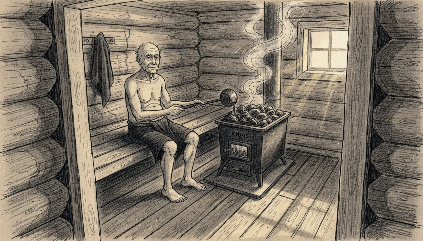 Mies heittää vettä kiukaalle saunassa