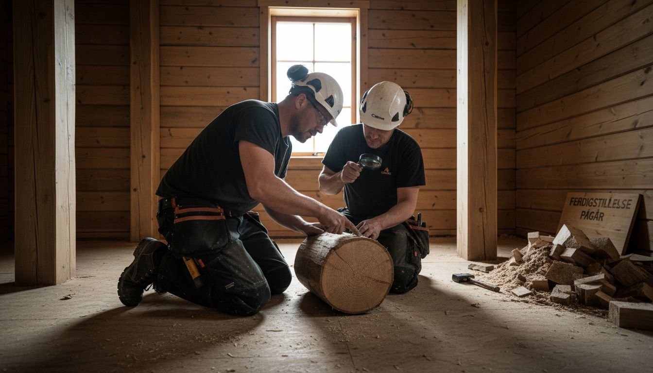 Ansatte går nøye gjennom bjelkene for å sjekke at kvaliteten er på topp.