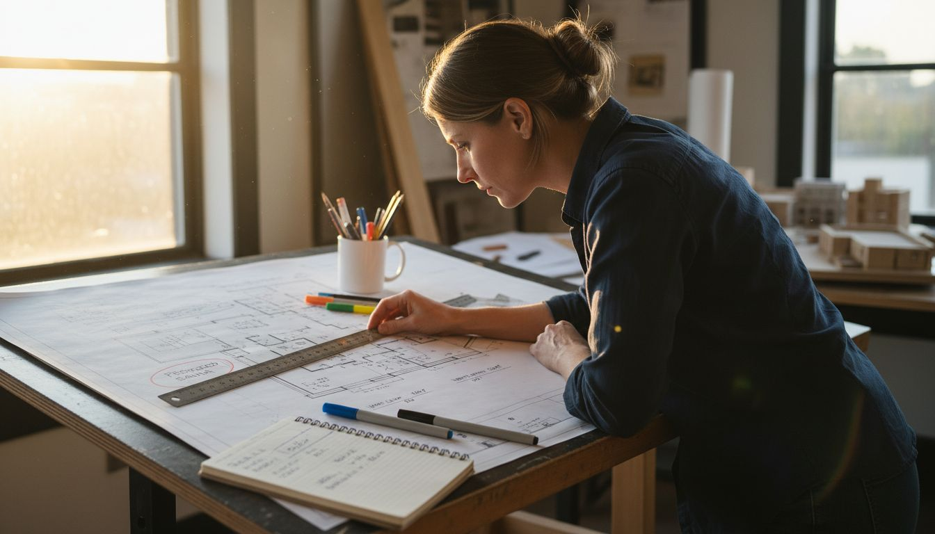 Architect examining detailed sauna site plan