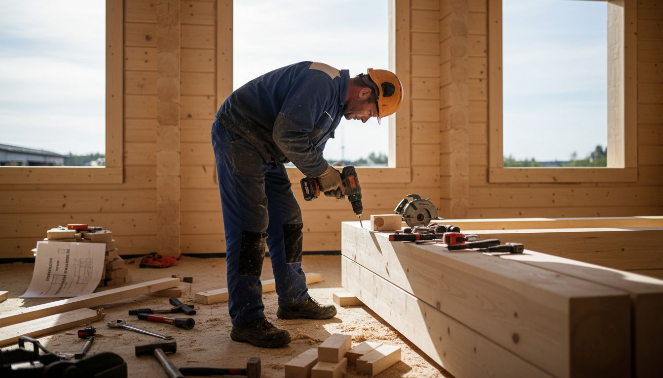 En bygningsarbeider setter opp trekonstruksjon inne i bygget.