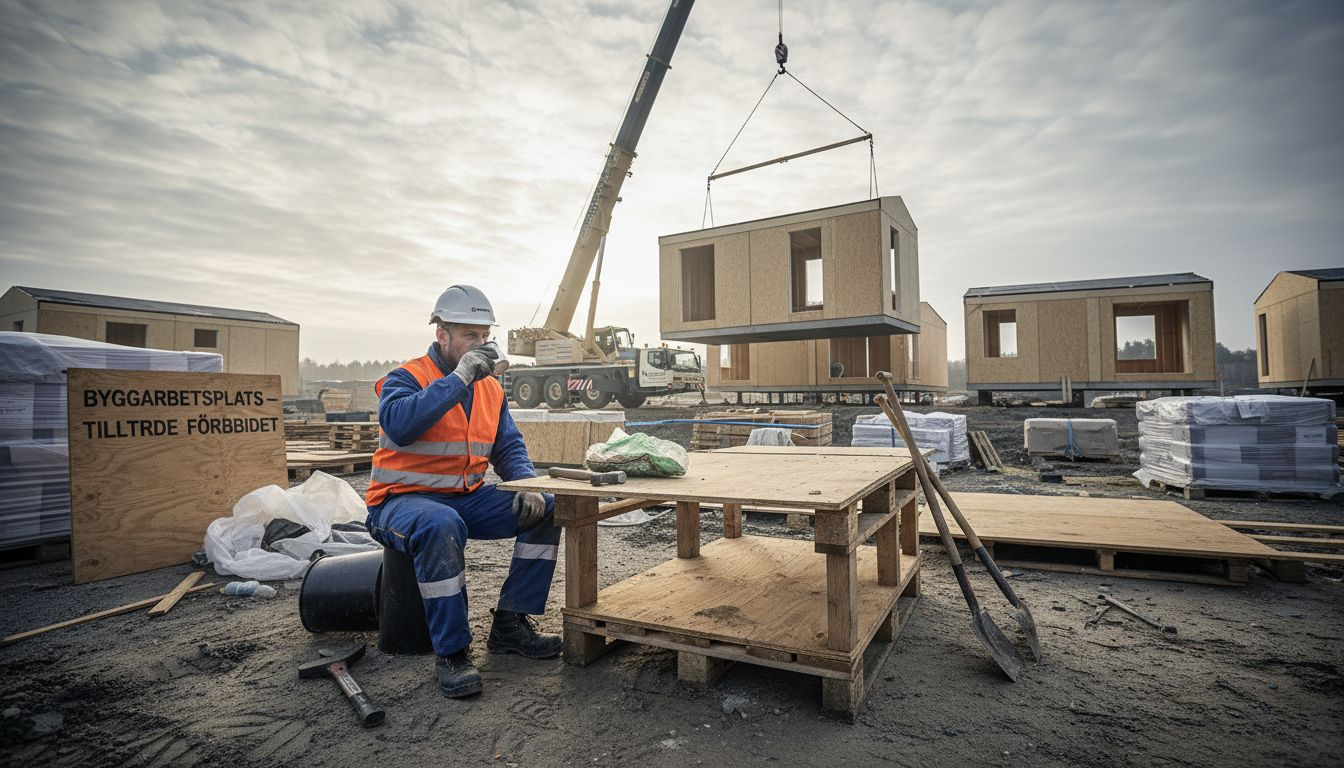 Arbetsplatsen i modulform lyfts på plats med kran.