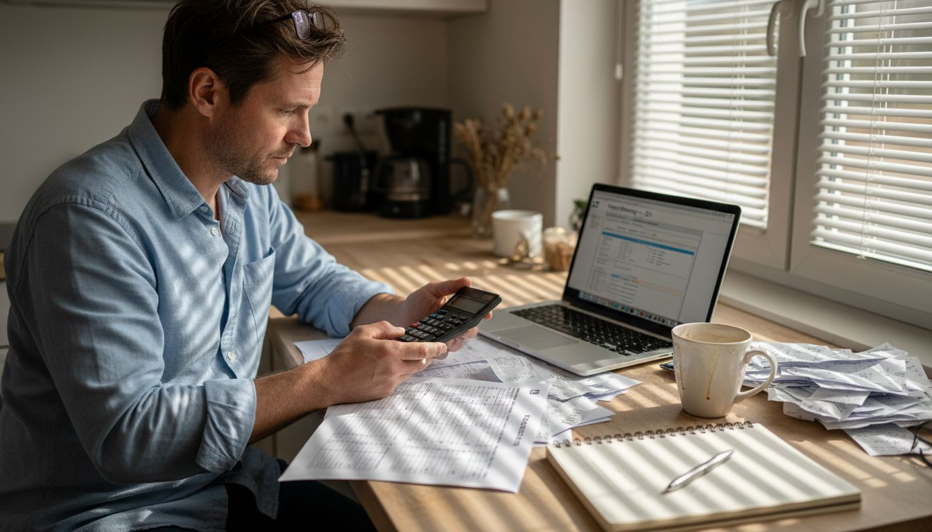 Ein Mann sitzt am Küchentresen und geht seine Haushaltsunterlagen durch.
