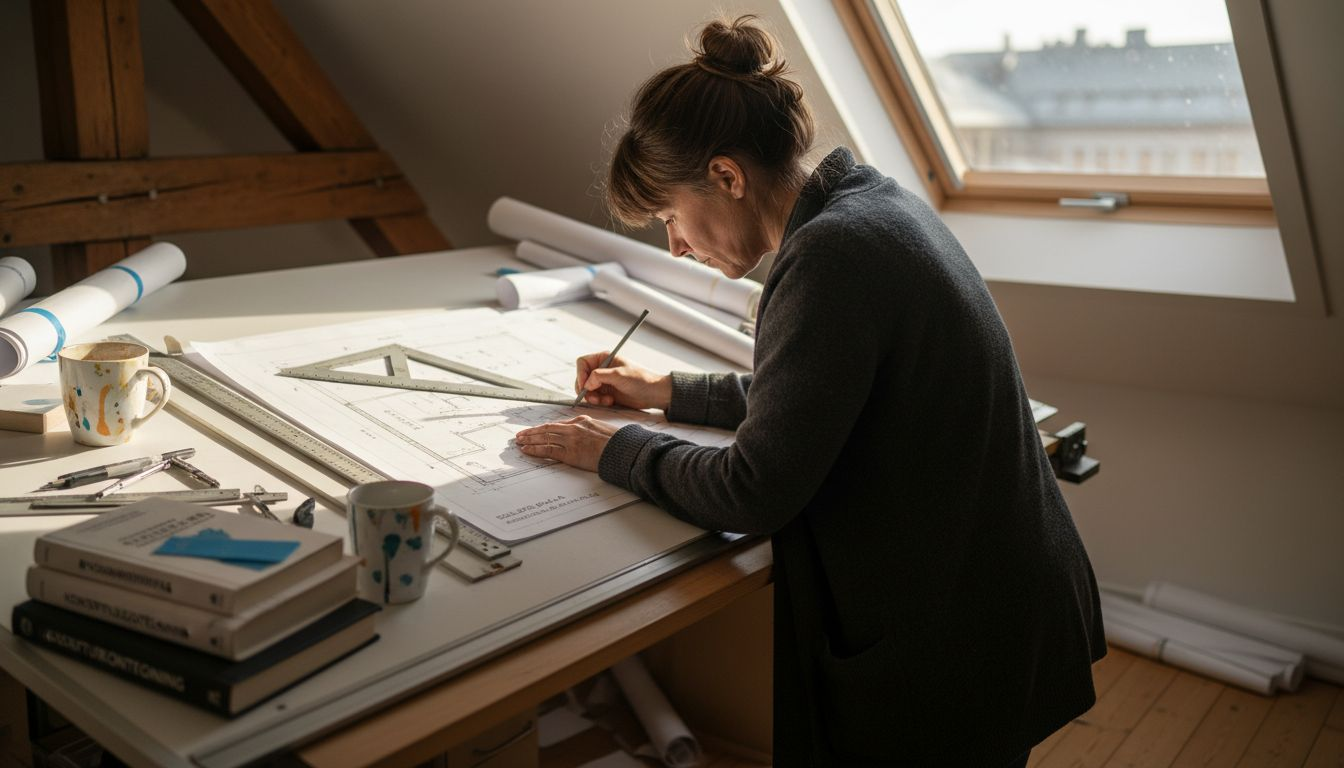 En tegner jobber med tekniske byggetegninger på kontoret.