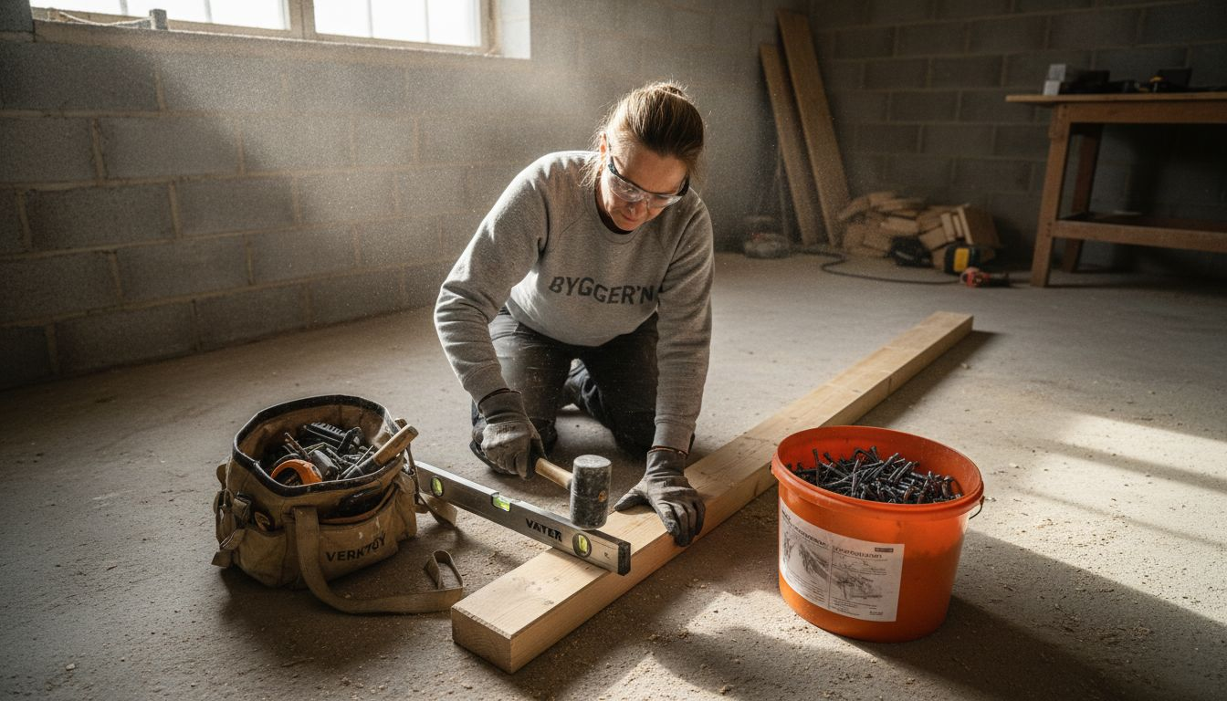 Snekker justerer grunnmuren til badstuen på kjellergulvet