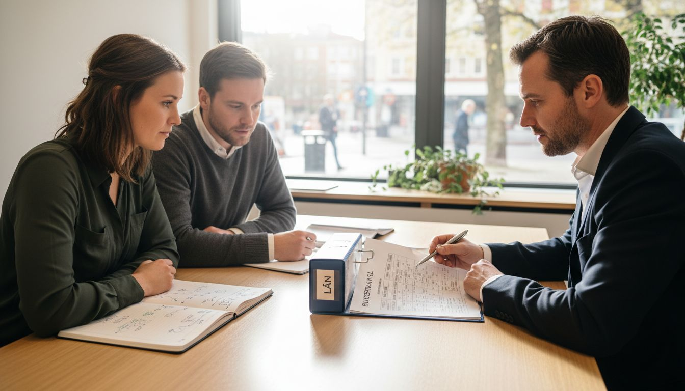 Kunder sitter tillsammans med banktjänstemannen och går igenom lånehandlingarna.