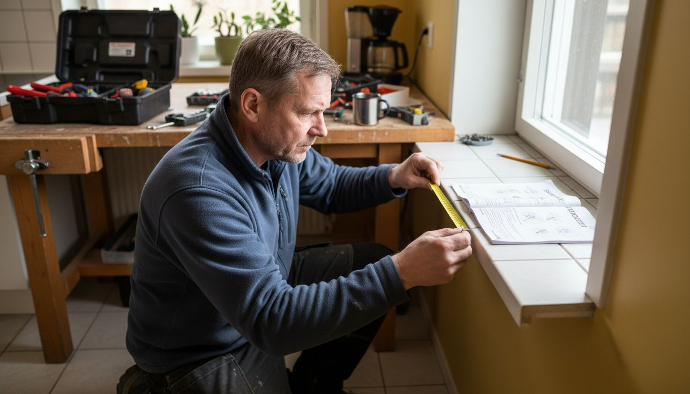 Asentaja mittaa ikkunan tarkasti uusia sälekaihtimia varten.