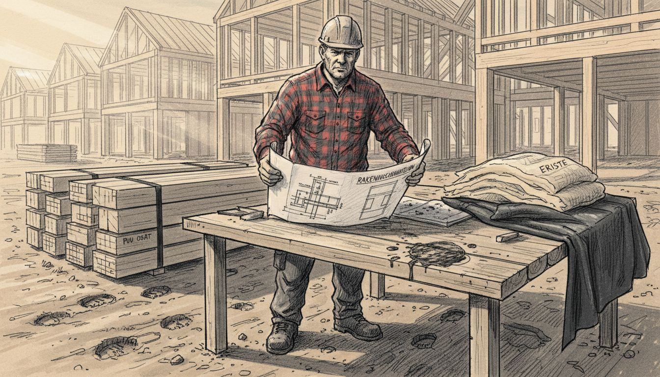 Työmaalla rakennustyöntekijä perehtyy puutalon piirustuksiin.