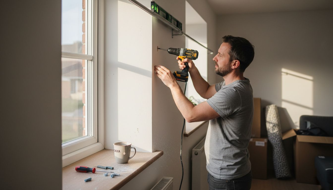 Mies kiinnittää verhokiskoa olohuoneen ikkunan yläpuolelle.