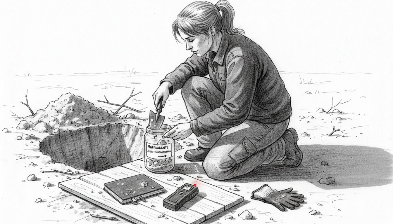 Työmaalla otetaan maaperänäyte rakennustöiden pohjatutkimuksia varten.