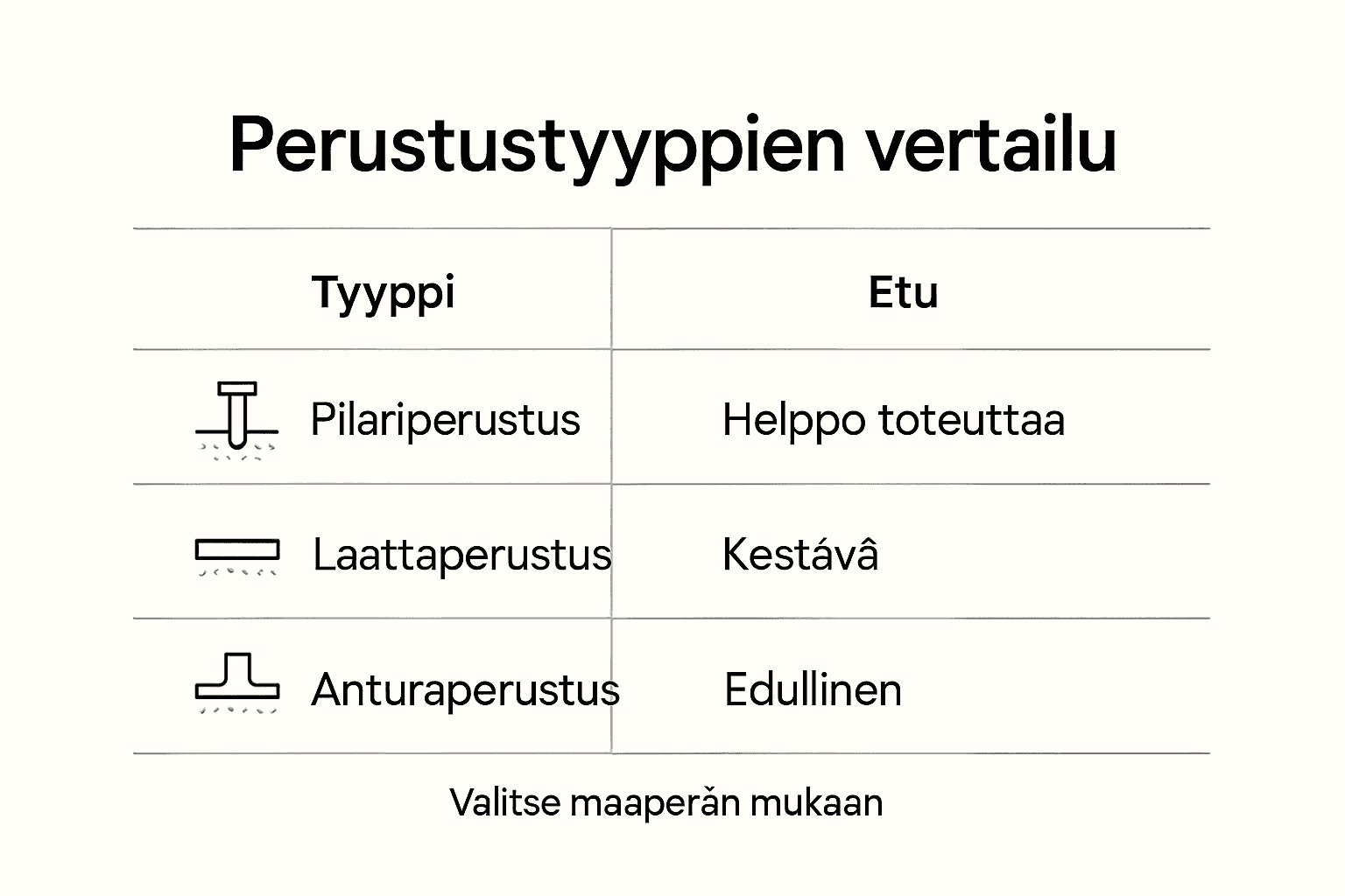 Kuvallinen katsaus saunamökin perustusten eri vaihtoehtoihin