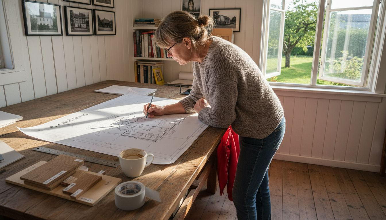 En arkitekt skissar på ett fritidshus vid sitt ritbord.