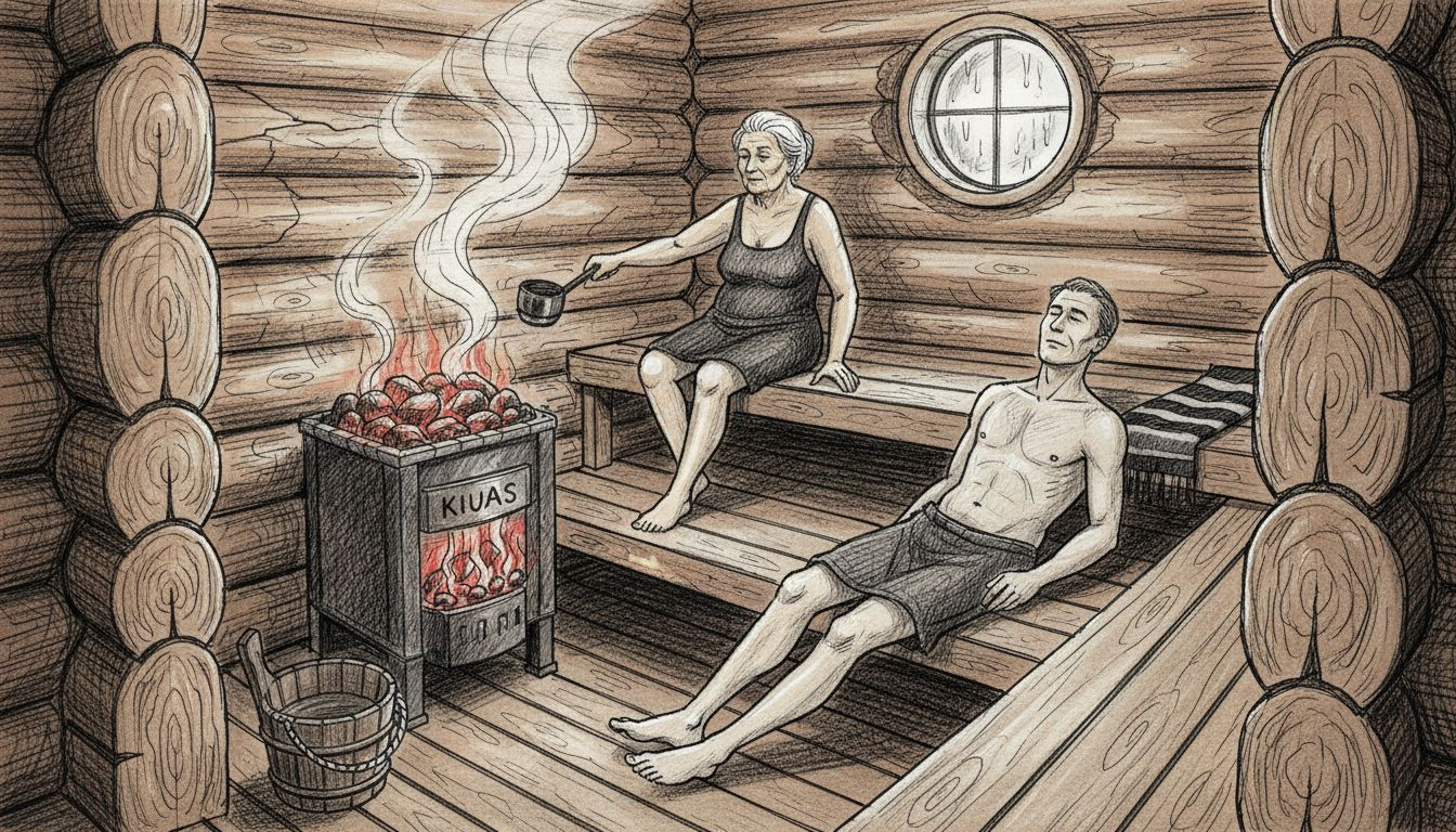 Perinteisen hirsisaunan lempeissä löylyissä rentoutuu joukko saunojia.