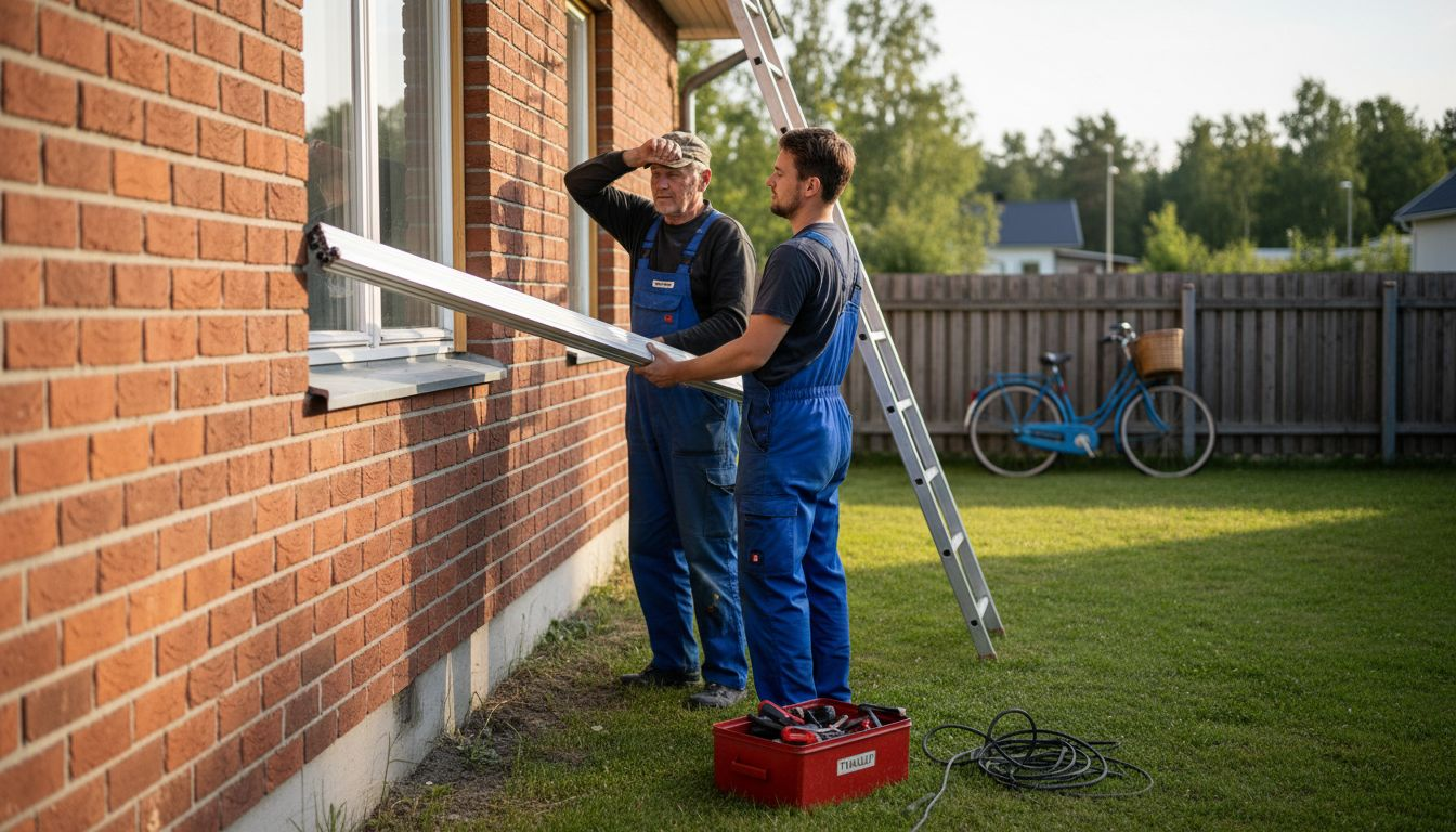 Asentajat asentamassa ulkoista ikkunamarkiisia