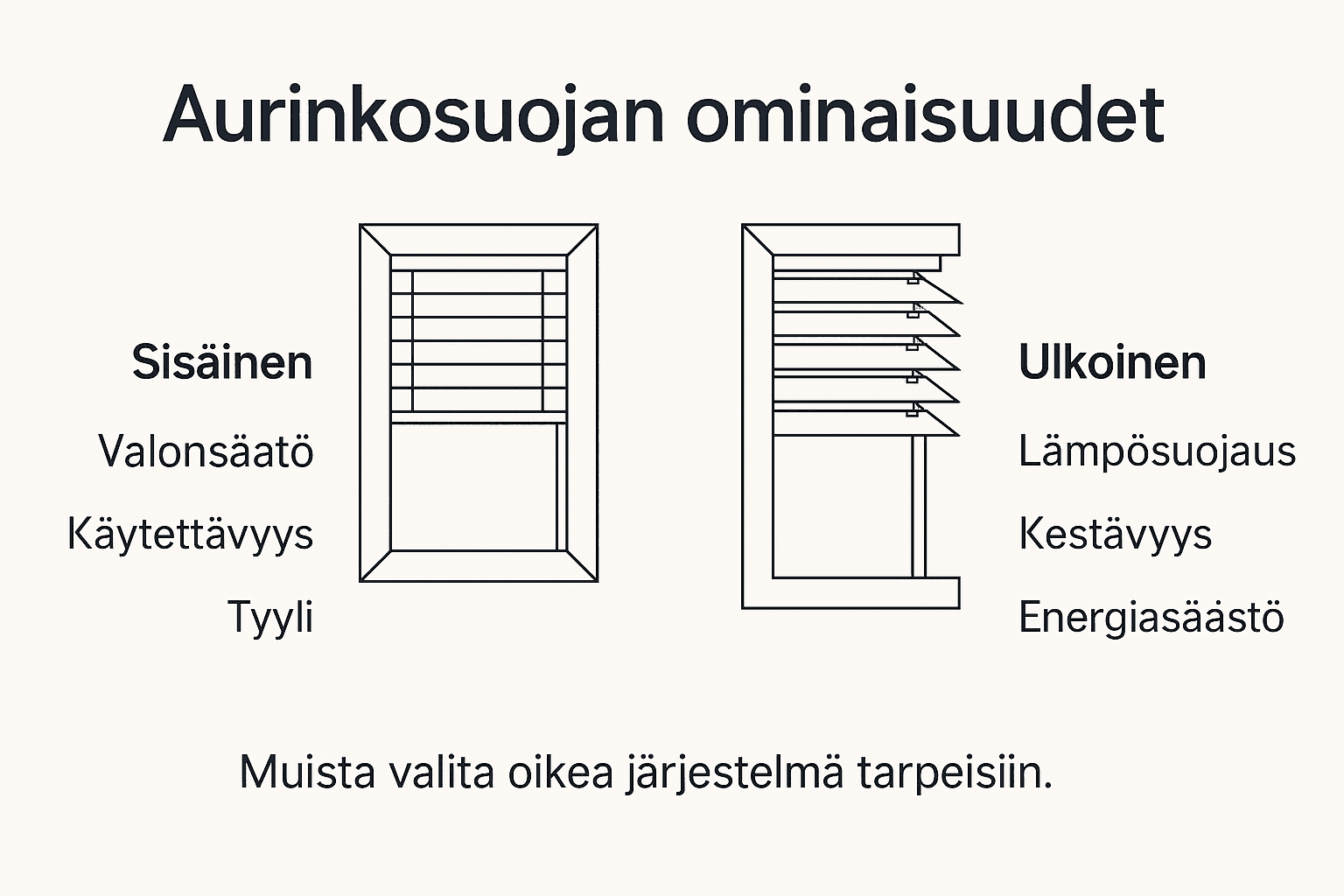 Aurinkosuojaratkaisujen ominaisuudet yhdessä kuvassa
