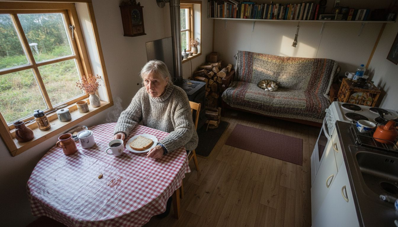 En kvinna njuter av livet i en liten stuga med smart och yteffektiv planlösning.