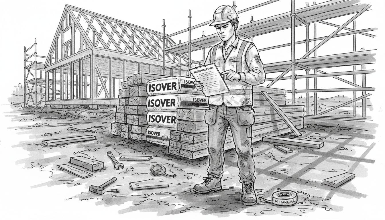 Työmaan vastaava käy läpi rakennusmateriaalit varmistaakseen, että kaikki on kunnossa.