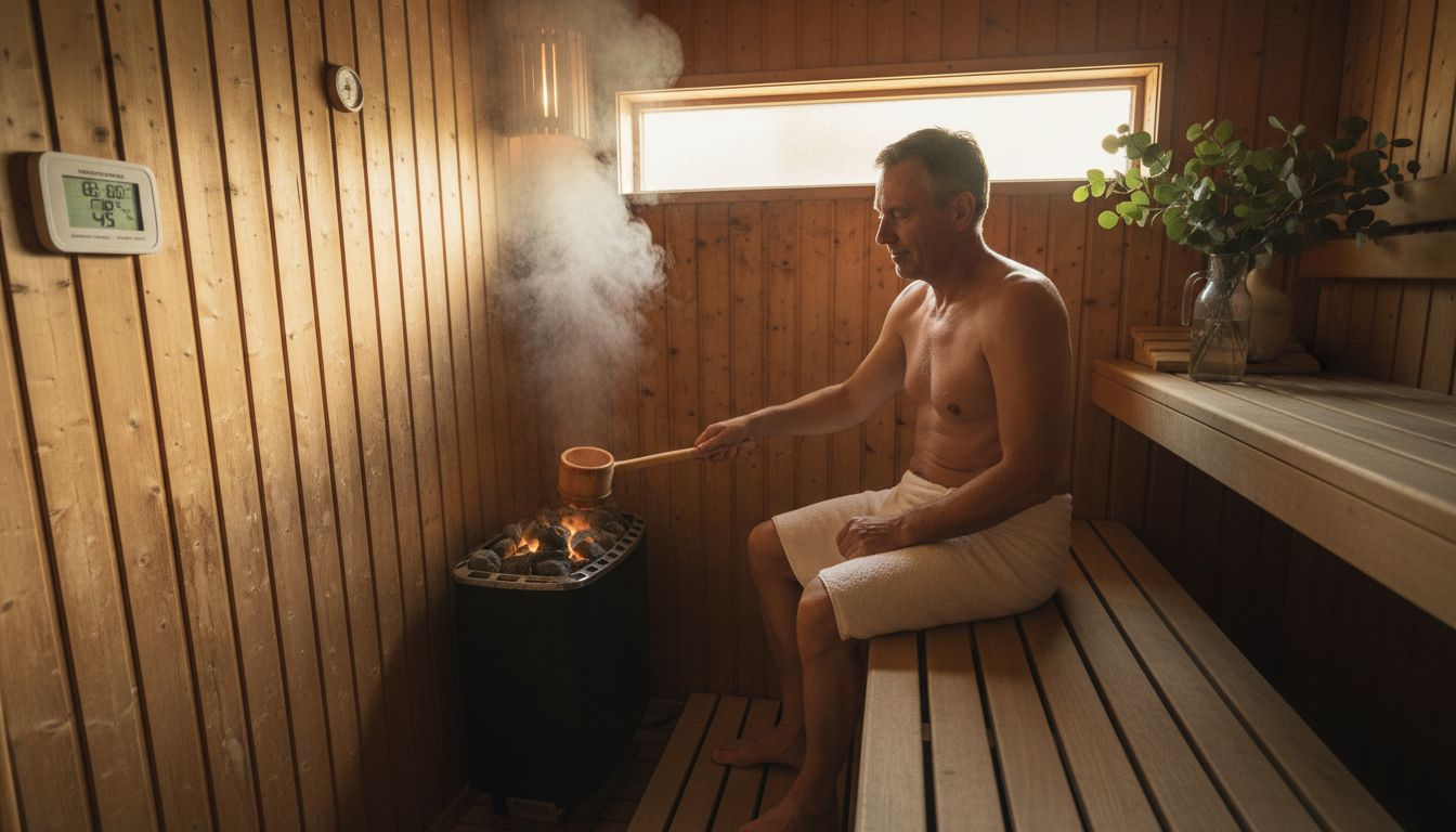 Ein Mann genießt die wohltuende Atmosphäre seiner eigenen Heimsauna und tut damit etwas Gutes für seine Gesundheit.