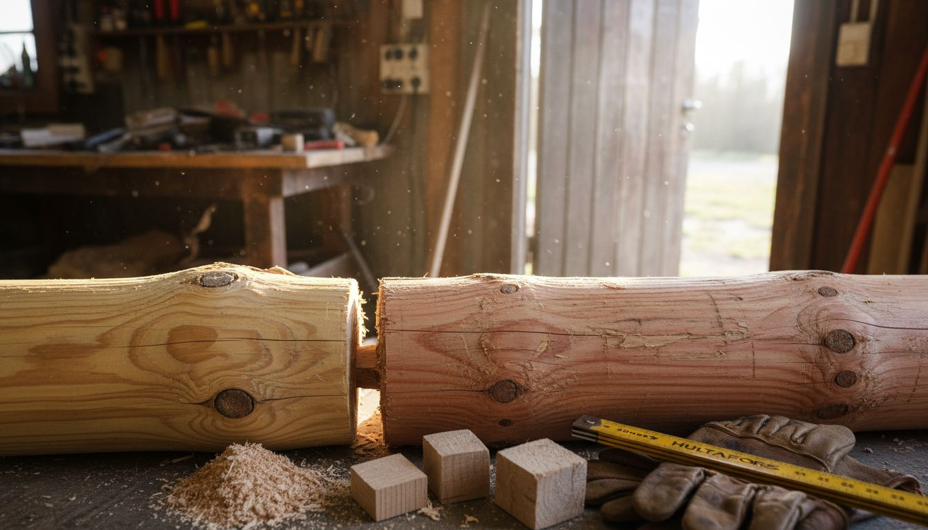 Närbild på tall- och granstockar med verktyg som används i skogsarbete