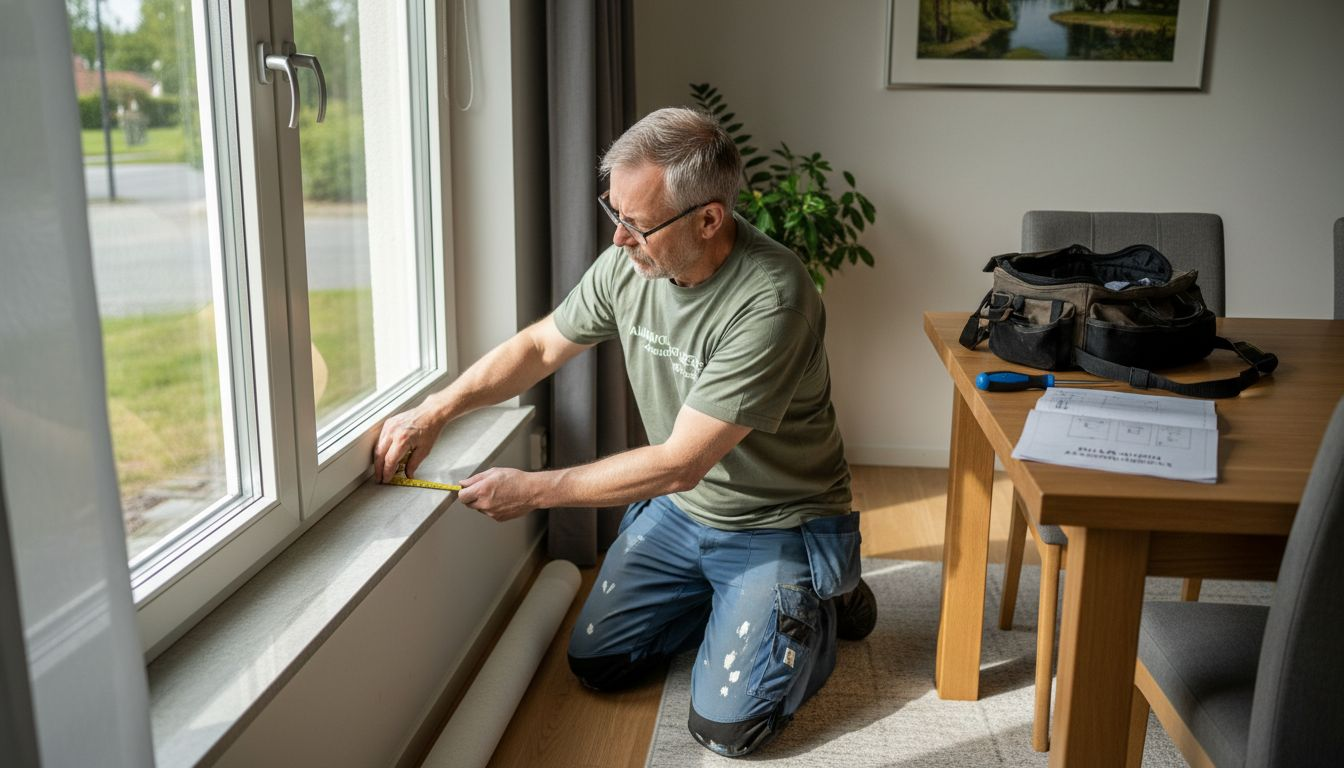 Asentaja ottaa ikkunasta tarkat mitat, jotta aurinkosuojaverho saadaan sopimaan juuri oikein.