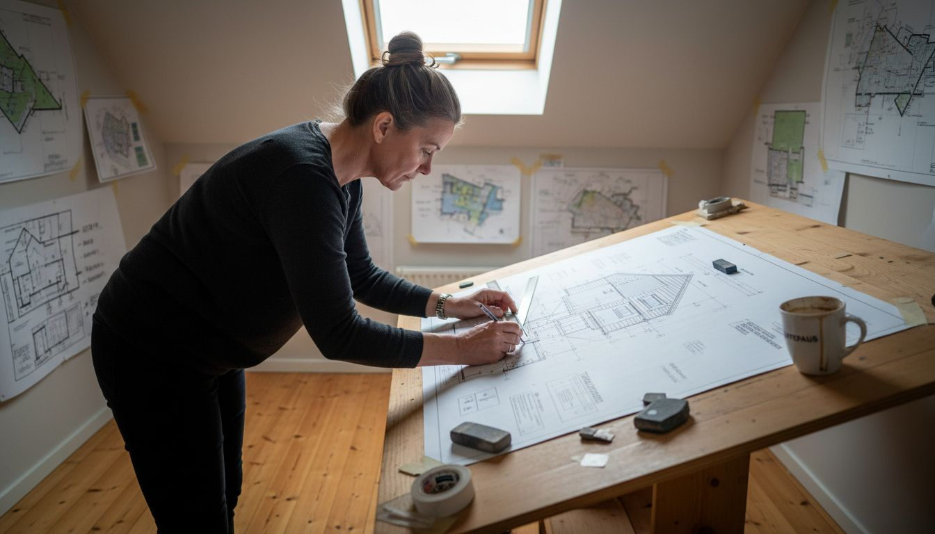 Kvinna skissar noggrant upp plan för timmerstuga