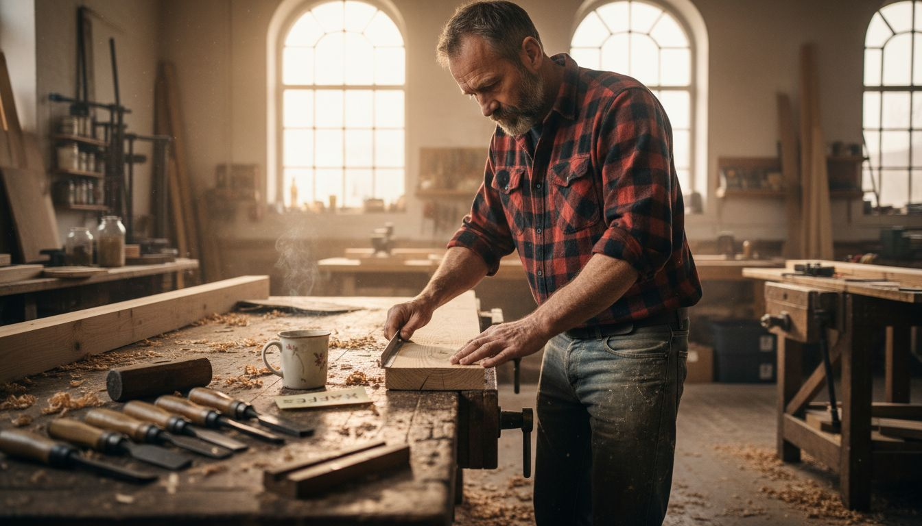 En snekker går nøye over furumaterialet i verkstedet for å sjekke kvaliteten.