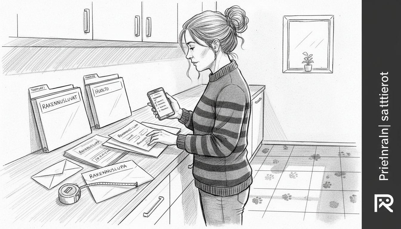 Nainen kokoaa rakennuspapereita keittiön pöydän ääressä.